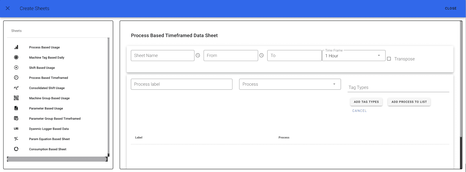 Process Based Time Framed Usage Sheet