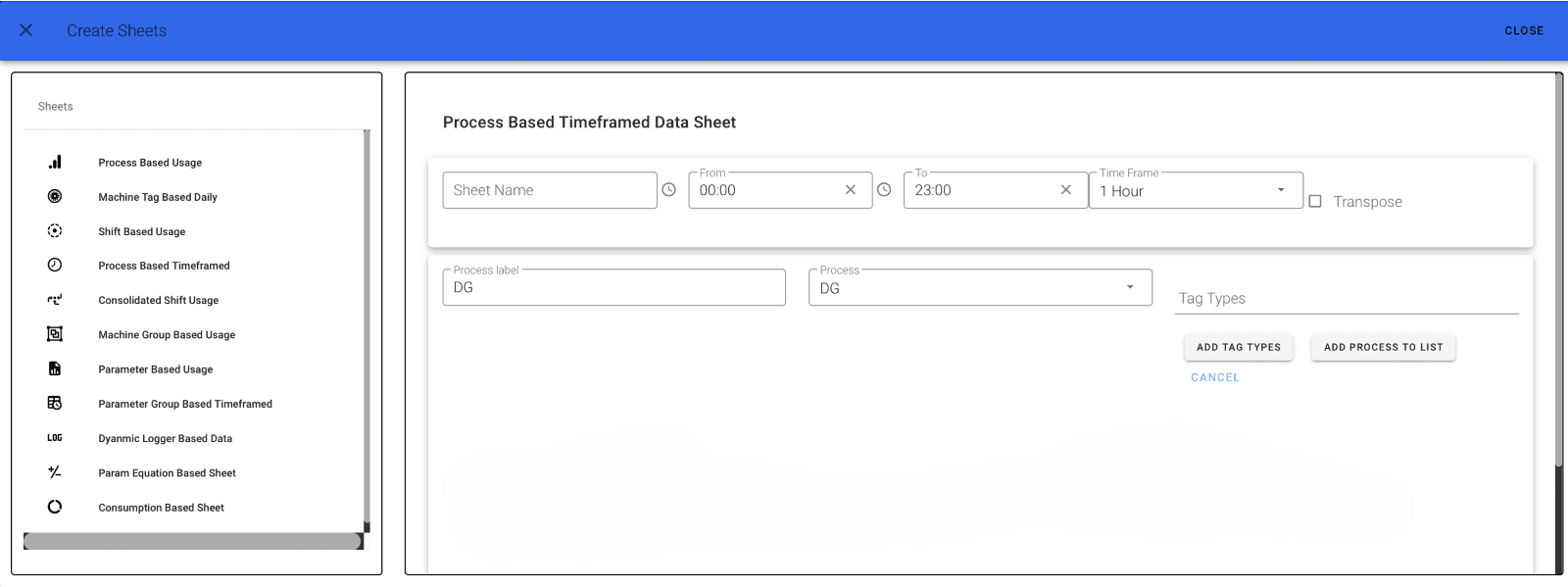 Process Based Time Framed Usage Sheet List