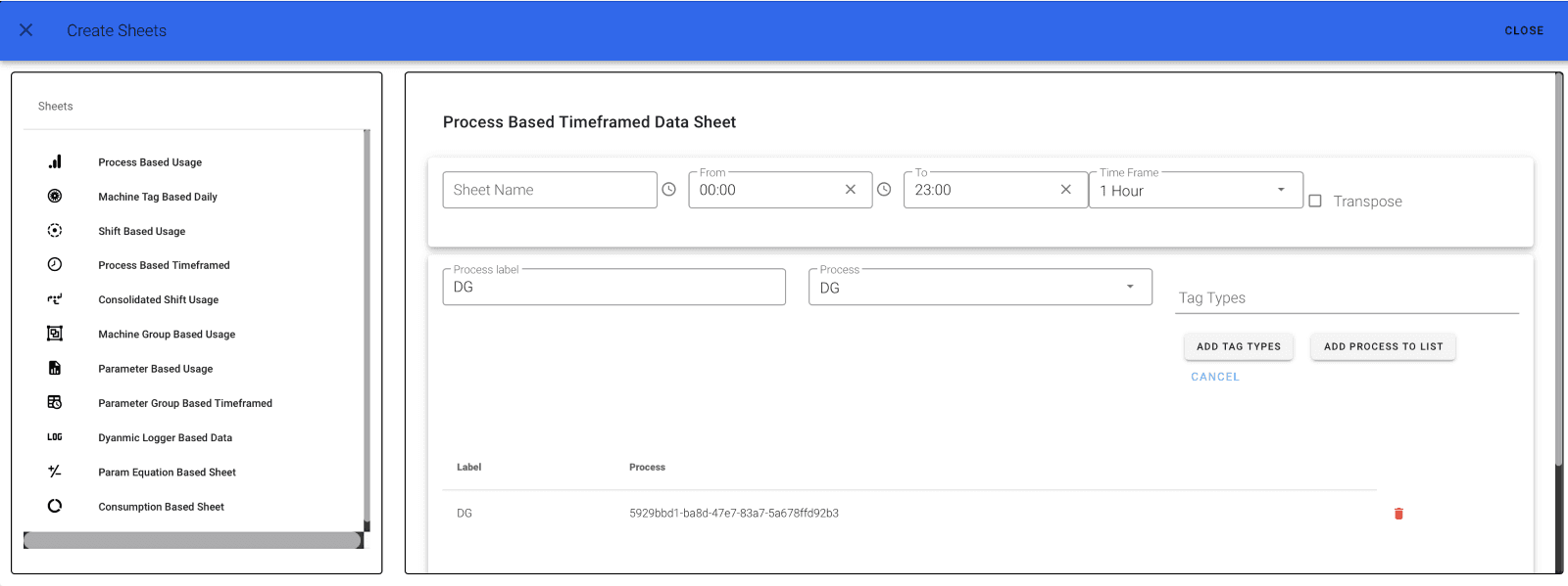 Process Based Time Framed Usage Sheet with Tags