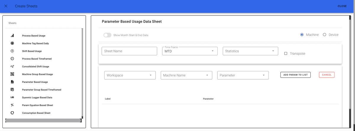 Parameter Based Usage Sheet