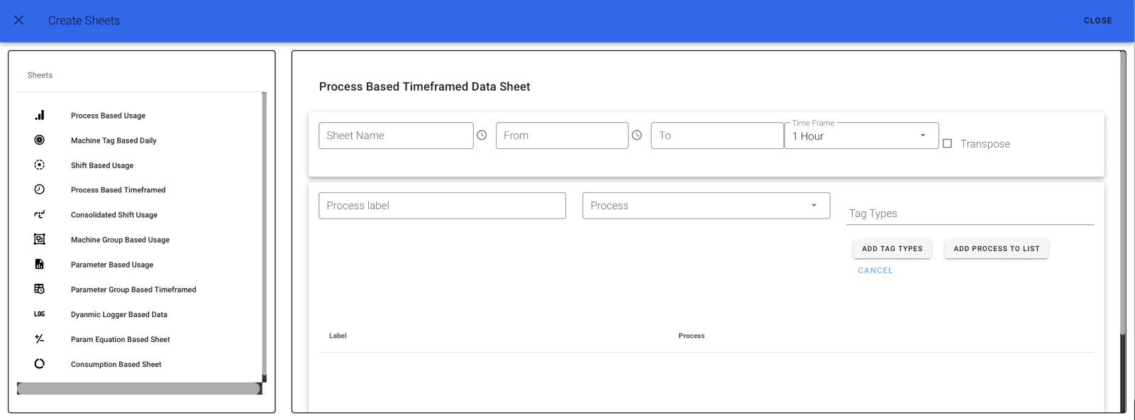 Process Based Time Framed Usage Sheet